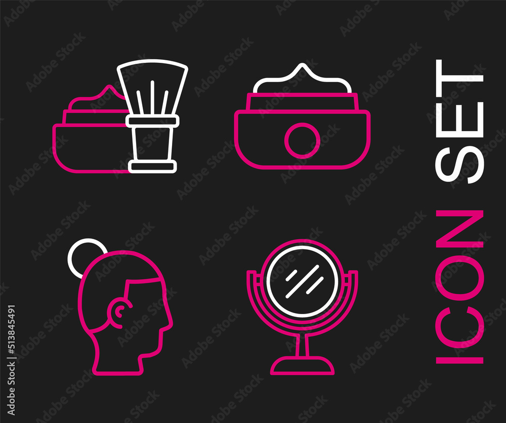 Set line Hand mirror, Hairstyle for men, Gel wax hair styling and Shaving brush with foam icon. Vector Set line Hand mirror, Hairstyle for men, Gel wax hair styling and Shaving brush with foam icon. Vector