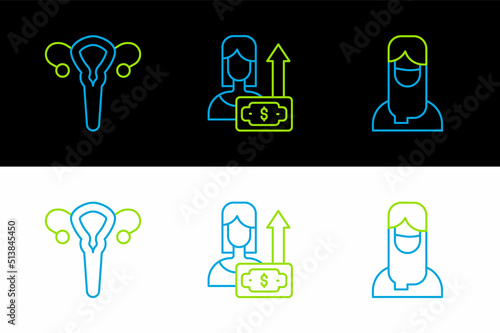 Set line Muslim woman in hijab, Female reproductive system and Money growth icon. Vector