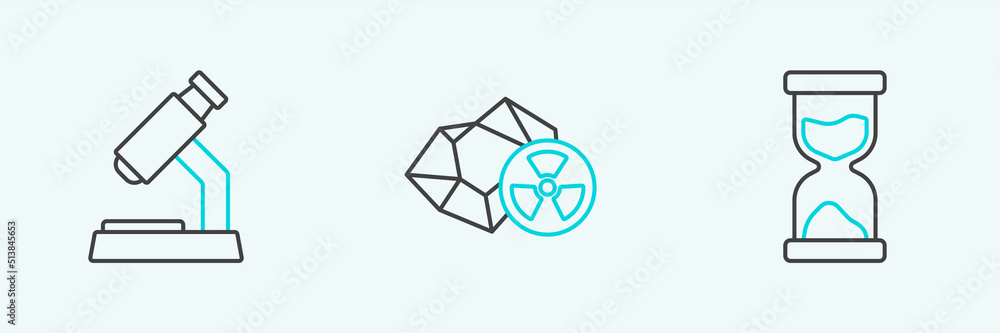 Set line Old hourglass, Microscope and Radioactive icon. Vector Set line Old hourglass, Microscope and Radioactive icon. Vector