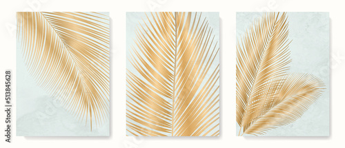 Luxury art background with exotic golden palm leaves. Botanical print set for wallpaper design, decor, print, packaging, invitation