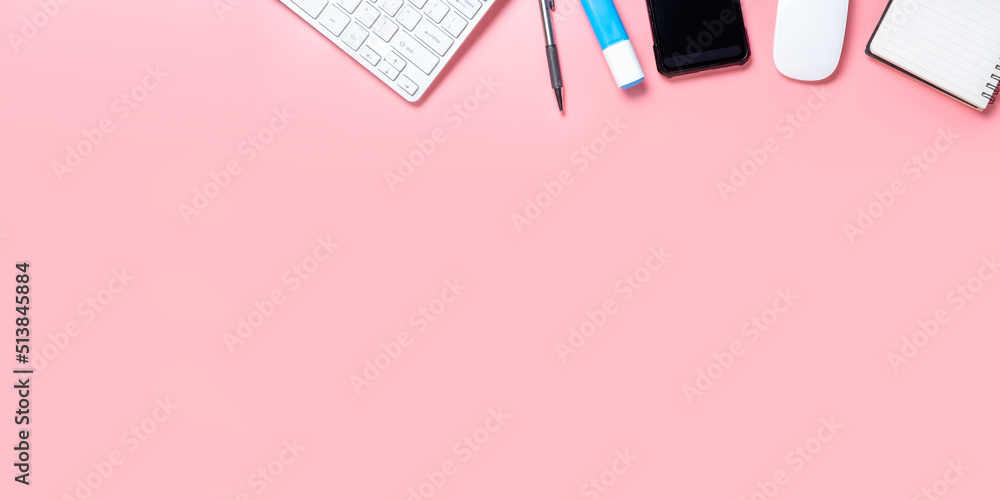 Top view, Pink office desk with keyboard, smart phone, Notebook, pen and Cup of coffee, copy space, Mock up.. Top view, Pink office desk with keyboard, smart phone, Notebook, pen and Cup of coffee, copy space, Mock up..