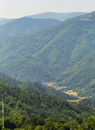 Rhodopes, are a mountain range in Southeastern Europe. Bulgaria. Panorama. The forest area covers the mountains.