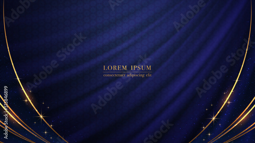 Golden curve and line with glitter light effect decoration on blue fabric luxury background
