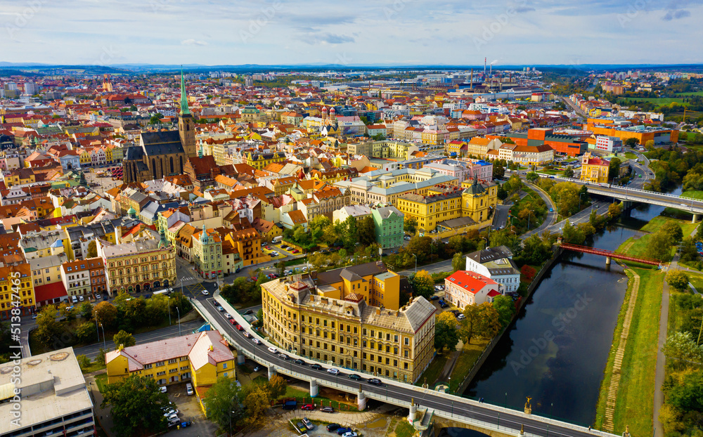 Aerial landscape of czech town of Pilsen with old historical houses in fall day. High quality photo