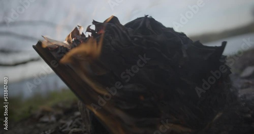 Camera slowly pans out on flaming open pages of an old enchanted spell book on fire in a forest. Pagan, shaman or witchcraft conceptual movie.