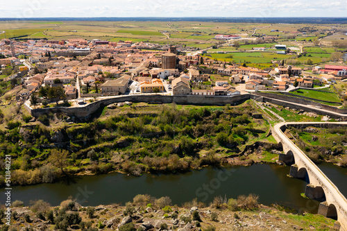 Aerial view of town of Ledesma and Tormes river in province of Salamanca, western Spain photo