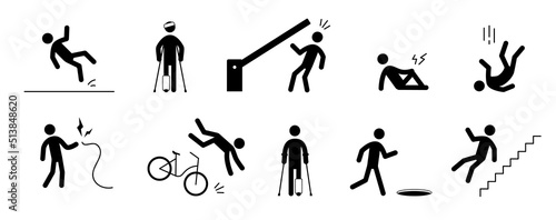 Accident pictogram man icon. Bike falling, injury leg, gate danger pictogram sign set. Warning, danger icon stick man vector illustration.