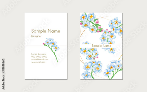 business card template design with hand painted illustration of forget me not flowers