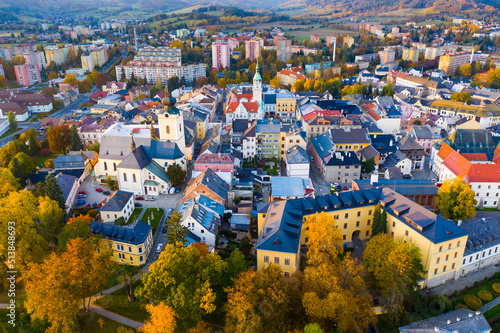 Fotobehang Aerial view of Sumperk cityscape overlooking Town hall and Saint John Baptist ch