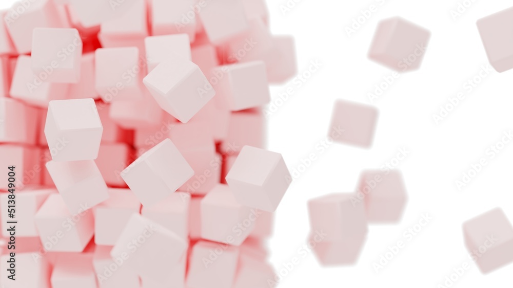 A set of many pink cubes that are collapsing under white lighting background. Conceptual 3D illustration of blockchain, financial system and personal data analysis. A set of many pink cubes that are collapsing under white lighting background. Conceptual 3D illustration of blockchain, financial system and personal data analysis.