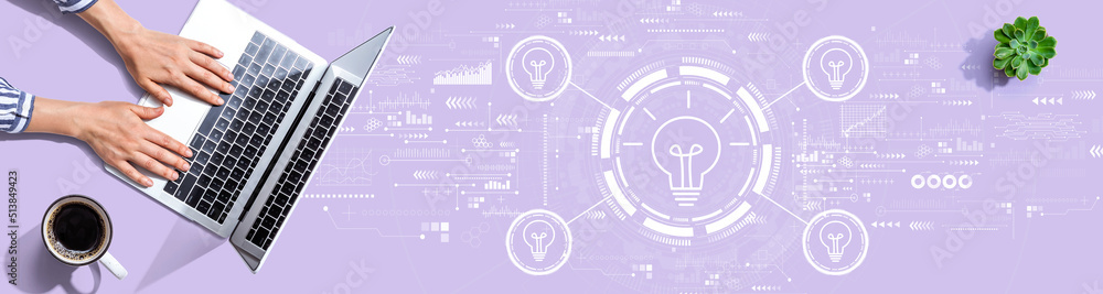 Idea light bulb theme with person using a laptop computer Idea light bulb theme with person using a laptop computer