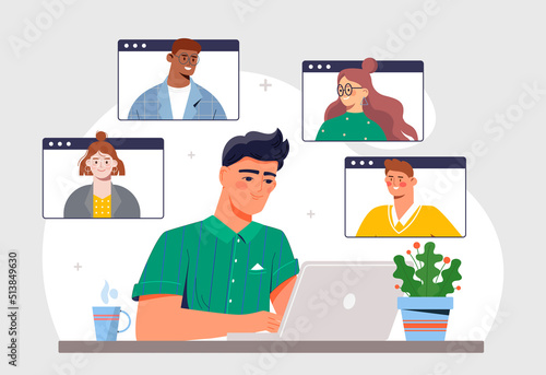 Man at laptop. Guy at computer communicates with friends. Video conference of students or colleagues, remote meeting. Social networks and modern technologies. Cartoon flat vector illustration