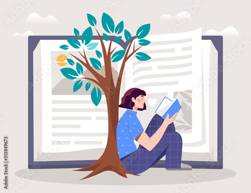 Woman reading book. Girl with textbook sits under tree, student does homework on street in summer day. Useful hobbies and love for literature, poem or story. Cartoon flat vector illustration