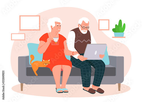 Studying computer concept. Grandparents sitting at laptop, novice PC users, seniors and old people. Elderly couple masters modern technologies, gadgets and devices. Cartoon flat vector illustration