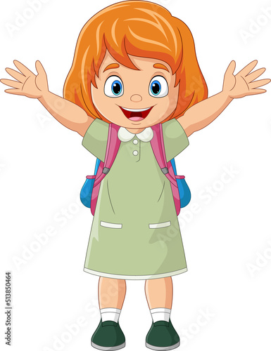 Cartoon happy school girl waving hand