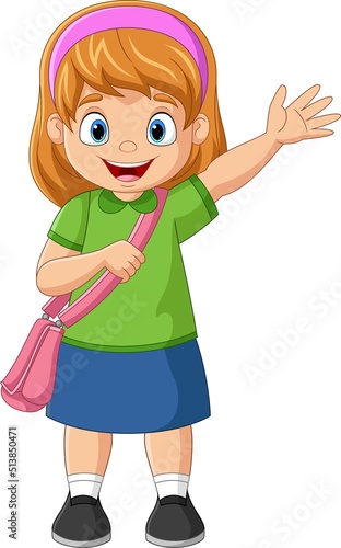 Cartoon school girl with backpack waving hand