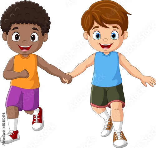 Cute little boys holding hands and running together