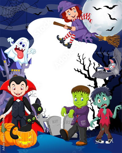 Group of kids wearing halloween costumes on halloween night