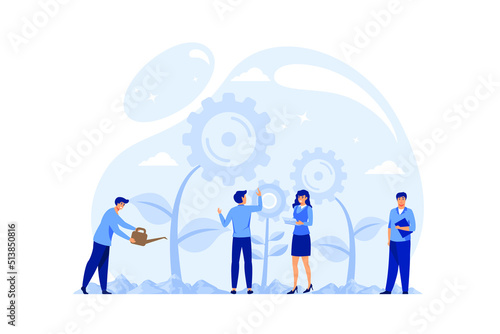 people grow potted plants, a metaphor for the birth of a creative idea. business concept analysis. graphic design idea of project activity. flat design modern illustration