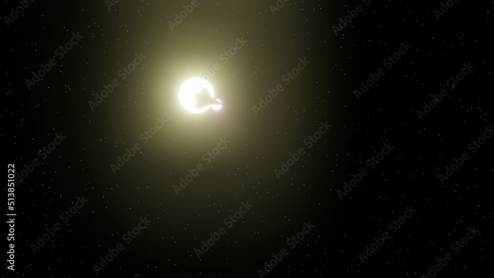 A space ship silhouette is transiting binary stars with star field in background 3D Rendering