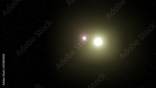 Binary stars (red and yellow star) with star field (3D Rendering)