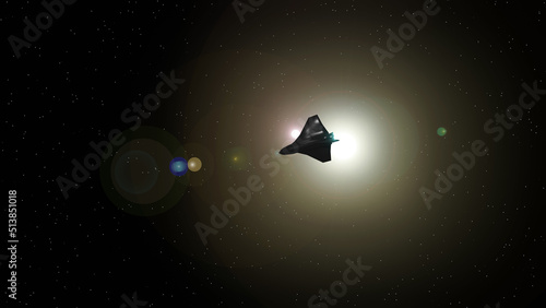 A space ship silhouette is transiting twin sun with star field in background (3D Rendering)