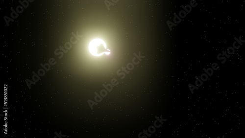 A space ship silhouette is transiting binary stars with star field in background 3D Rendering