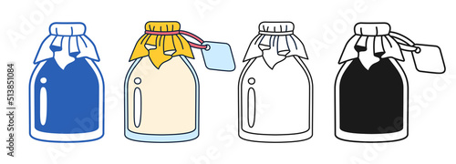 Glass jar with milk simple sign linear set. Farm foodstuff symbol drink in glass, bottle package doodle design. Nutrition icon rural natural dairy products graphic element. Hand drawn crockery