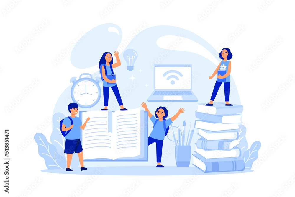 vector graphic elements, teaching children to learn from books and the Internet, junior elementary grades. flat design modern illustration