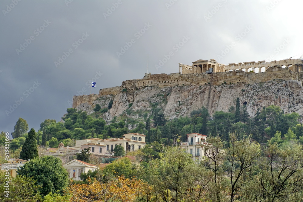 Parthenon in the Acropolis of Athens, on a hill in Athens, Greece, with the city below