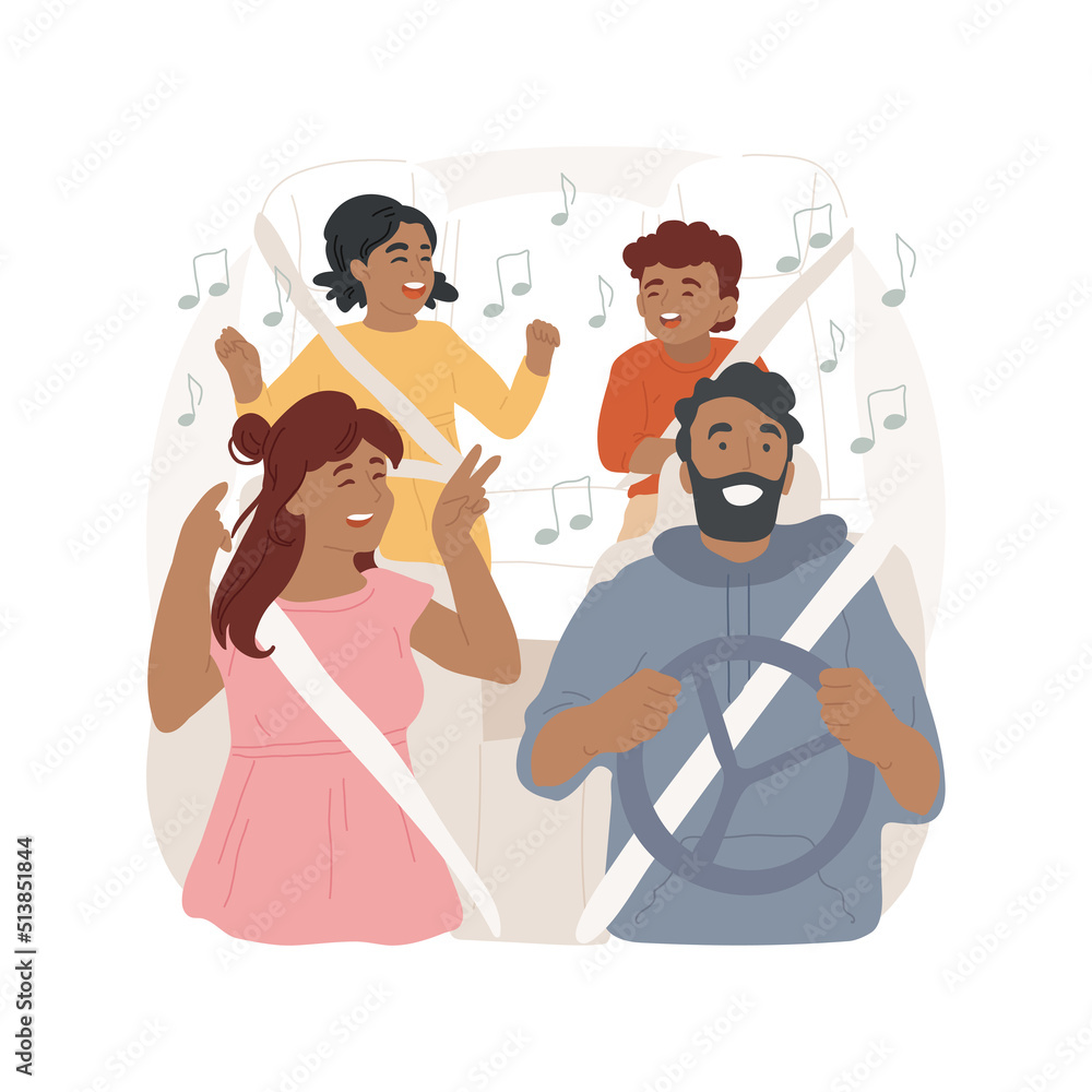 Joyful ride isolated cartoon vector illustration. Family ride in the car, going on vacation, children sitting on a back seat, singing a song, travelling together, joyful mood vector cartoon. Joyful ride isolated cartoon vector illustration. Family ride in the car, going on vacation, children sitting on a back seat, singing a song, travelling together, joyful mood vector cartoon.