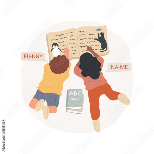Reading simple stories isolated cartoon vector illustration. First reading skills, language and literacy in kindergarten, read story by syllables, abc book, early education vector cartoon.