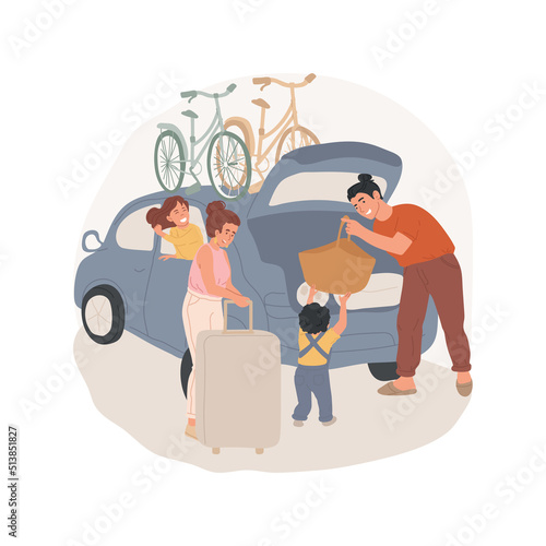 Load car isolated cartoon vector illustration. Family members loading bags in a car, bikes on the rooftop, go camping together, children helping parents, going on holiday vector cartoon.