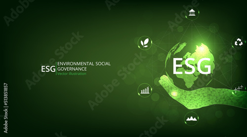 World sustainable environment.Green earth for Environment Social and Governance. Solving environmental, social and management problems with figure icons. 