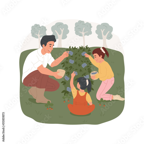 Gather wild berries isolated cartoon vector illustration. Parents and kids walking in the forest, gathering berries on glade, camping activity, picking from bush, holding bucket vector cartoon.
