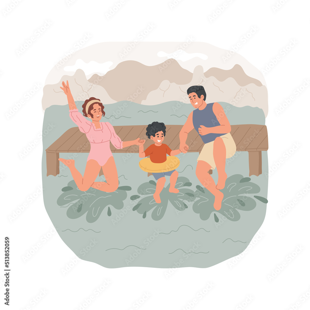 Swimming in a lake isolated cartoon vector illustration. Family on holiday, colorful swimming suits, parents and kids jumping in the water from a pier, lake in the mountains vector cartoon.