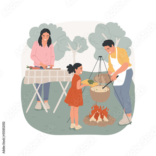 Camp-style cooking isolated cartoon vector illustration. Cooking healthy food on campfire, family camp kitchen, pot boiling on open fire, slicing vegetables, mixing in boiler vector cartoon.