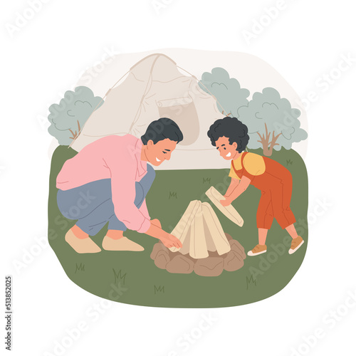 Build a campfire isolated cartoon vector illustration. Son and father making a campfire, put wood in teepee shape, building a fire place together, holiday camping activity vector cartoon.