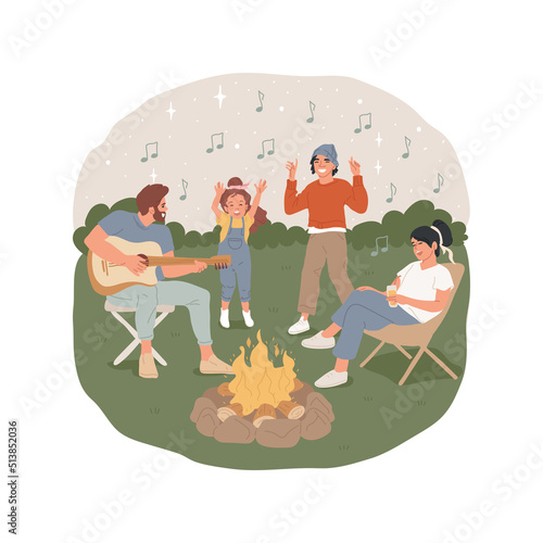 Guitar campfire songs isolated cartoon vector illustration. Parent plays guitar, family sitting near campfire, singing song together, camping night activity, summer holiday vector cartoon.
