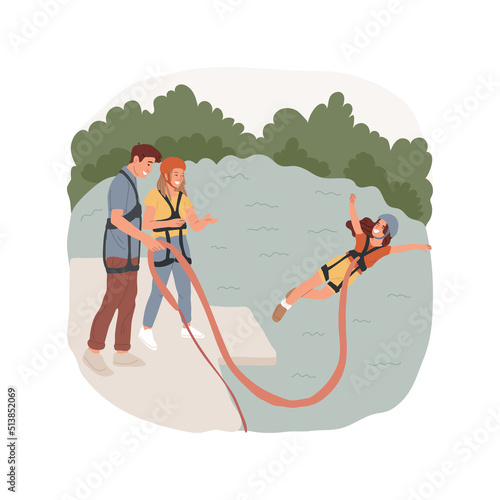 Bungee jumping isolated cartoon vector illustration. Parents and kids wearing equipment, bungee jumping at lake, family extreme activity, young teen flying on rope from bridge vector cartoon.