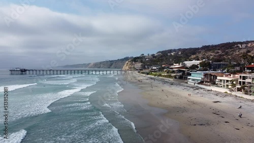 An Aerial UAV Drone view of the La Jolla Shores Beach in San Diego, California, looking at the Pier photo
