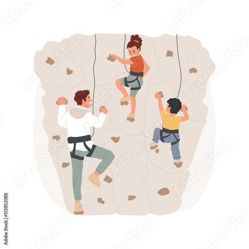 Bouldering isolated cartoon vector illustration. Active lifestyle, bouldering park, children wearing equipment, family climbing a big rock, forest adventure, sport in the nature vector cartoon.