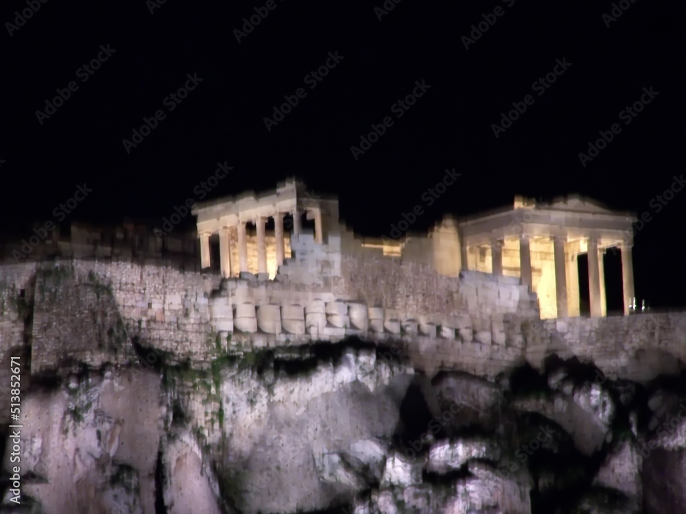 Parthenon in the Acropolis of Athens, on a hill in Athens, Greece, at night
