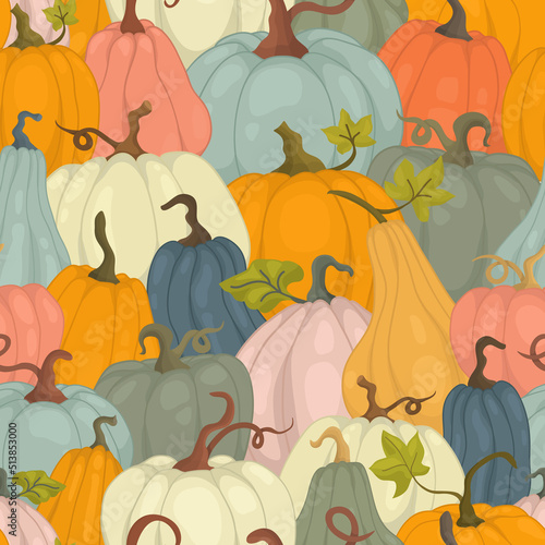 Seamless pattern multicolored pumpkins in rows. Children's bright ornament or fabric for the kitchen.