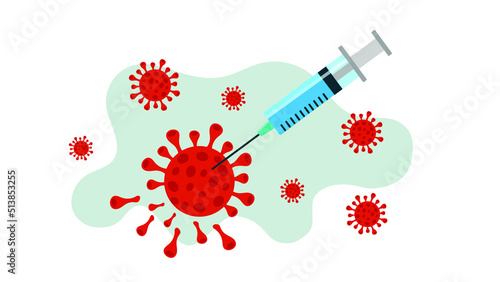 The concept for the cure against the covid-19. A syringe with vaccine being inject into virus vector illustration