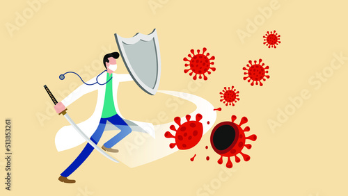 A male doctor wearing a medical mask slashes virus particles with a katana sword and shield vector cartoon illustration 