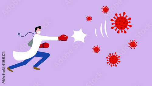 Male doctor wearing medical mask punching virus particles with boxing gloves vector cartoon illustration