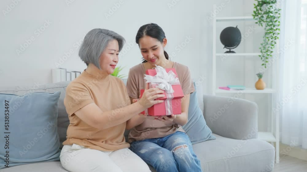 Asian beautiful woman daughter surprise her mother with birthday gift. Asian beautiful woman daughter surprise her mother with birthday gift.