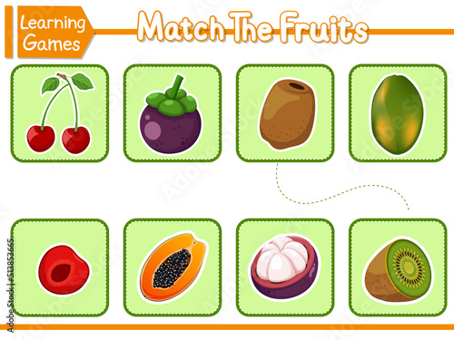 Matching Parts Of Fruits. Matching Children Educational Game. Activity For Preschool Years Kids And Toddlers. Vector Illustration