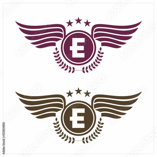 E initials logo in badge star wing shape illustration